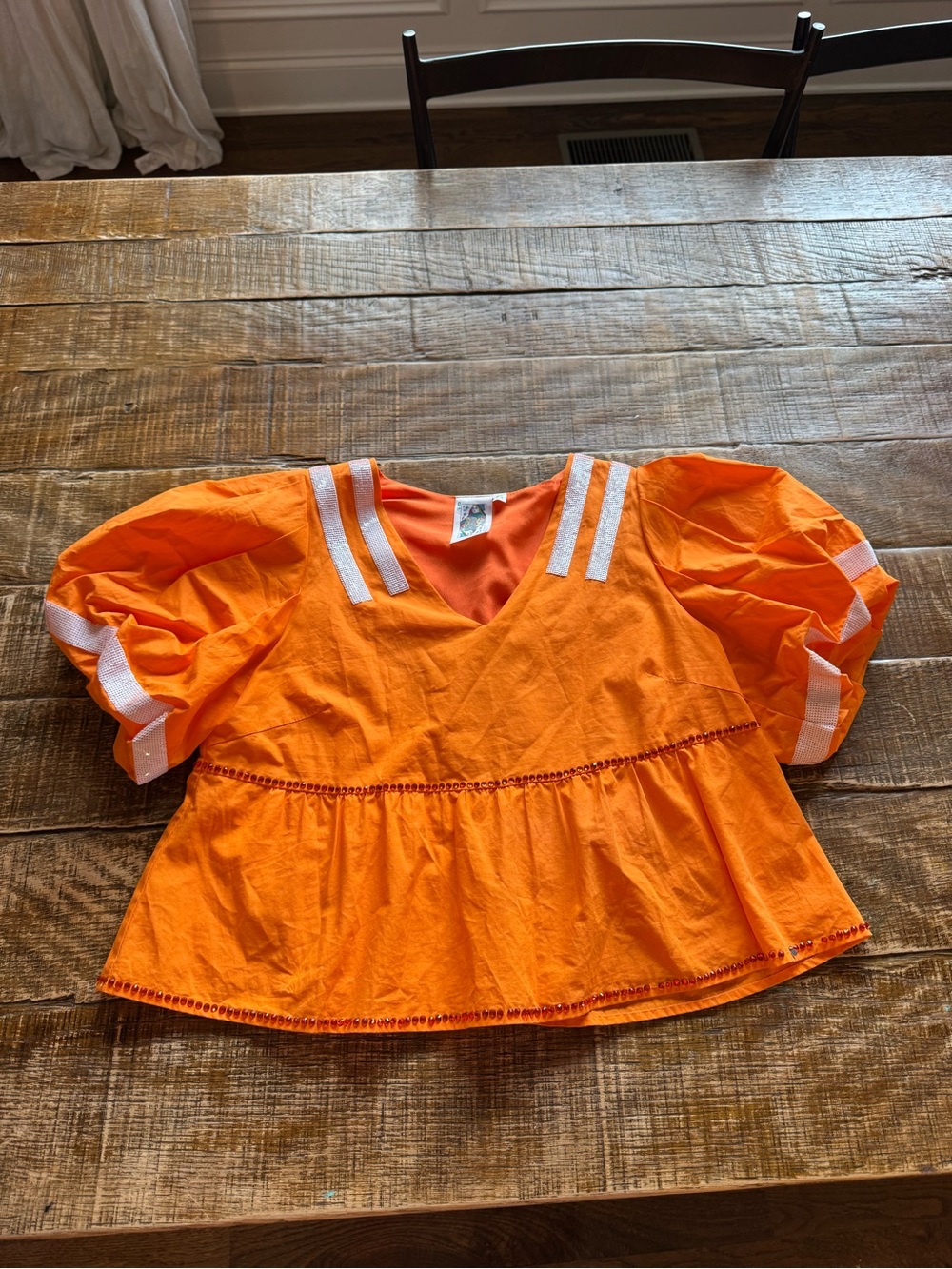Queen of Sparkles Top- Women’s Orange Puff Sleeve Peplum Top - Bright Orange